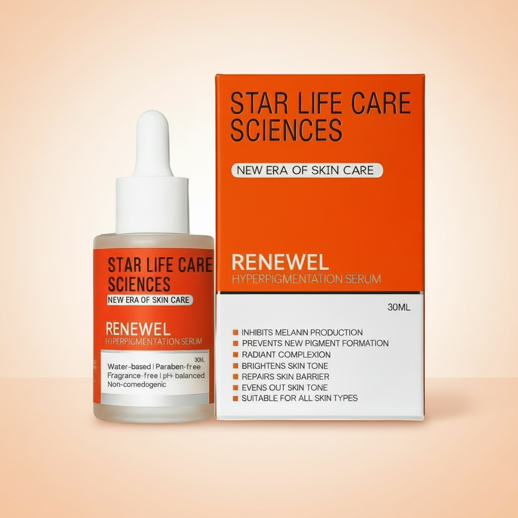 Renewel Hyperpigmentation Serum by Star Life Care Sciences with Tranexamic Acid, Niacinamide, and Vitamin C to reduce dark spots, hyperpigmentation, and uneven skin tone.